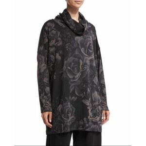 Eskandar Pima Cotton Monk Tunic Floral Funnel Neck Black Oversized Top - 1